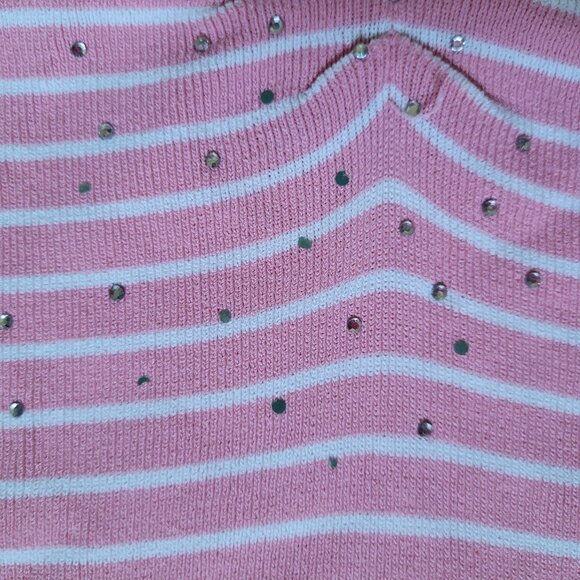 ⭐5FOR$20⭐ VIntage AK Collections Sequin Striped T-Shirt, Pink Rhinestones - Picture 3 of 3